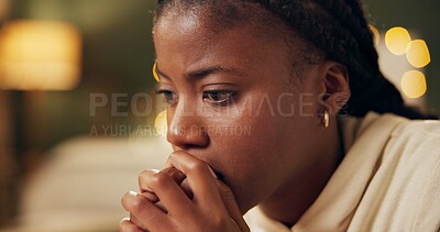 Buy stock photo Anxiety, thinking and black woman in home with stress from financial loan, student debt and crisis. College, finance and girl with worry about problem, fear and coping with conflict in mental health