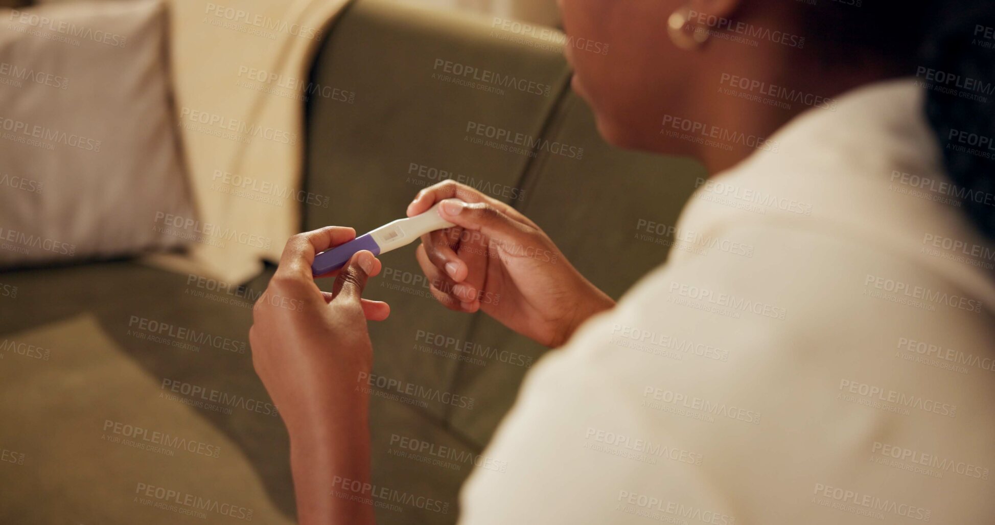 Buy stock photo Black girl, test and stress or upset on sofa for mistake or regret of unplanned pregnancy, emotional and anxious. Woman, sad or unhappy for infertility result in home, anxiety and depressed on couch.