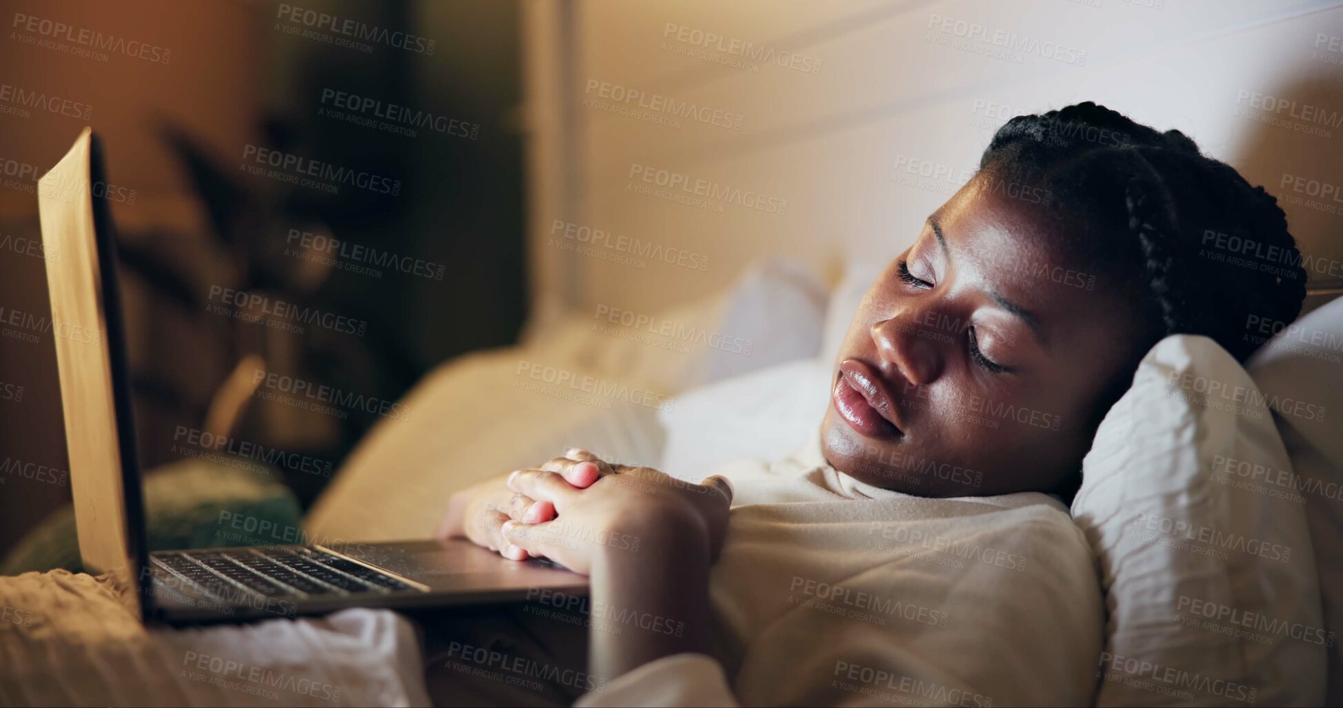 Buy stock photo Woman, sleeping and laptop in bed at night streaming a movie, film or tired from remote work. Fatigue, burnout and girl asleep in bedroom with computer, online video and listening to calm podcast