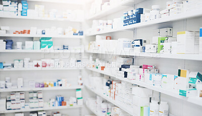 Buy stock photo Pharmacy, medicine and box with healthcare shop, shelf and prescription care pills. Medical, retail store and supply of health supplements, vitamins and minerals for vitality and wellness dispensary