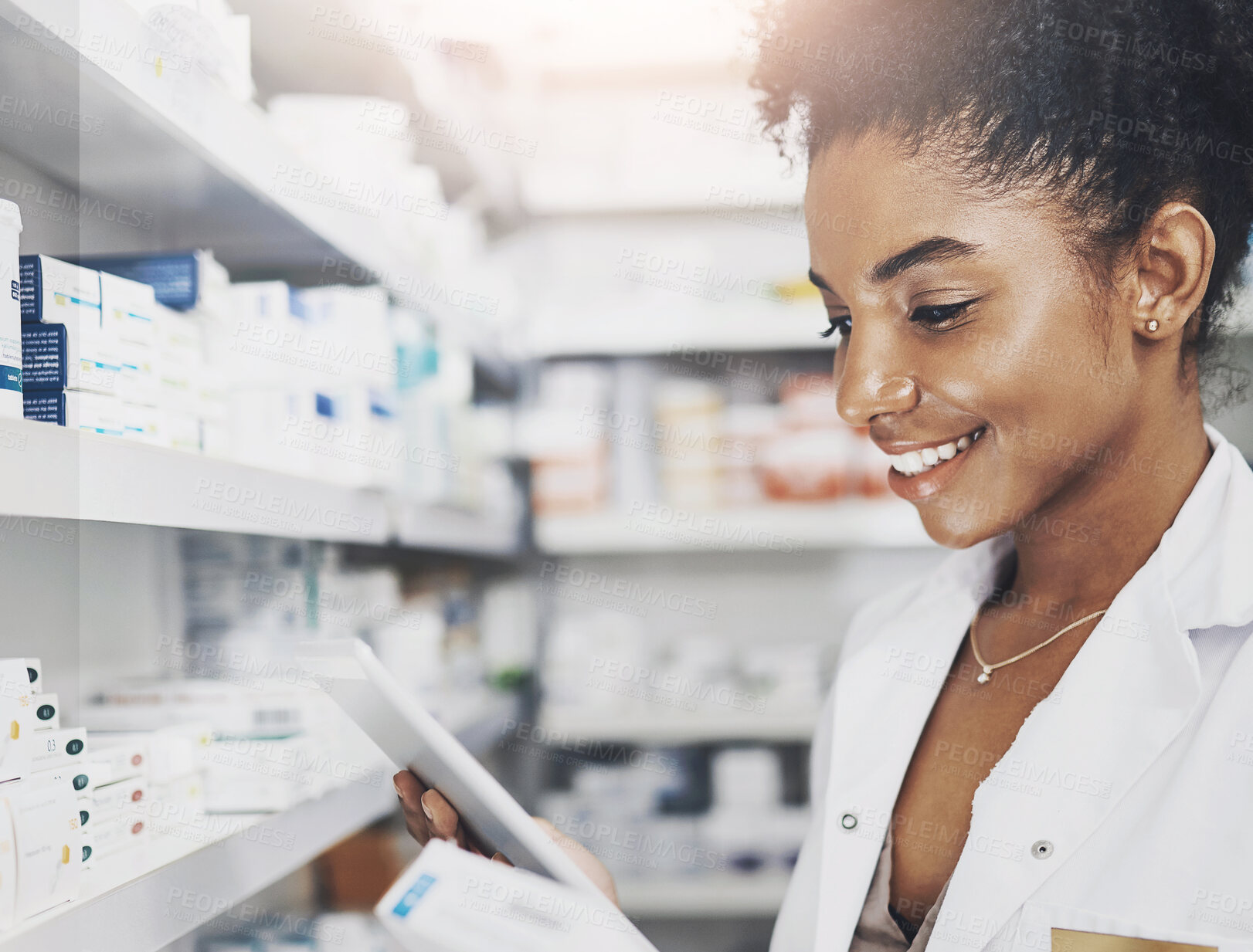 Buy stock photo Woman, smile or tablet with check in pharmacy for stock inspection, report for medicine inventory. Female pharmacist, drug store or ebook for digital record of health information or pills research