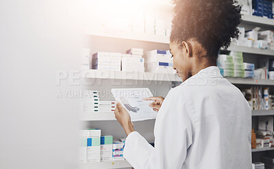 Buy stock photo Pharmacy, healthcare and woman with tablet checking medical info, inventory or product mockup. Research, stock and pharmacist on digital app for medicine, advice or benefits of pharmaceutical drugs