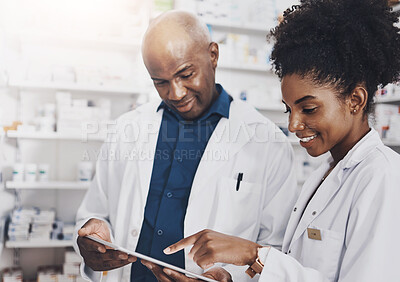 Buy stock photo Pharmacist, woman and tablet for healthcare in clinic with inventory update, research and medicine ingredients. Smile, man and staff with digital for consultant email, about us and report of wellness