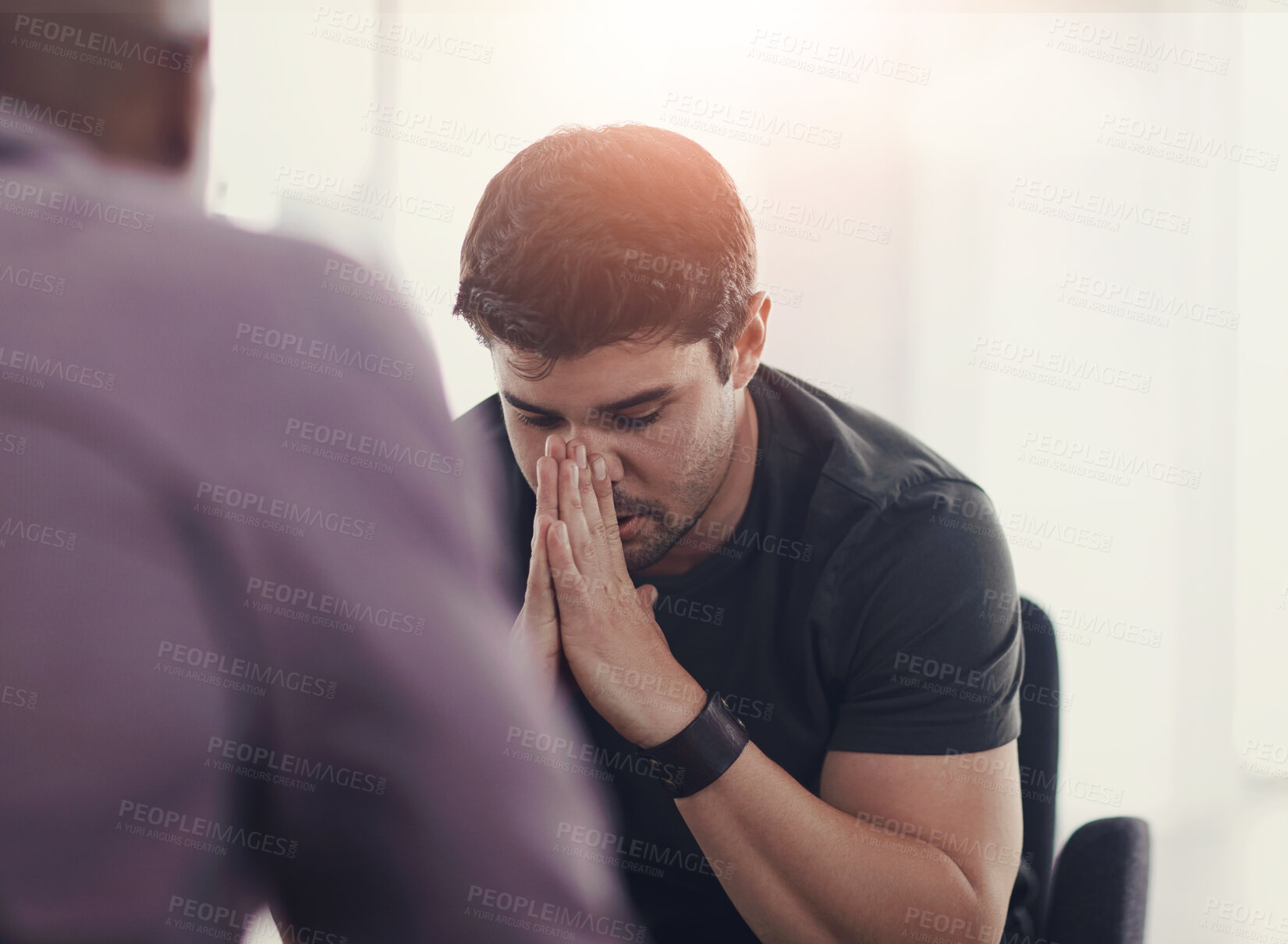 Buy stock photo Anxiety, bankruptcy or sad with business man in office with human resources for job loss. Upset, financial crisis and unemployment with employee crying in workplace for economic recession or failure