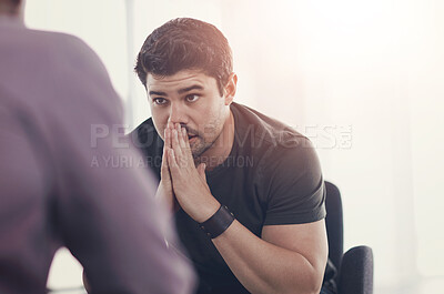 Buy stock photo Bad news, bankruptcy or stress and business man in office with human resources for job loss. Anxiety, financial crisis and unemployment with worried employee at work for economic recession or failure