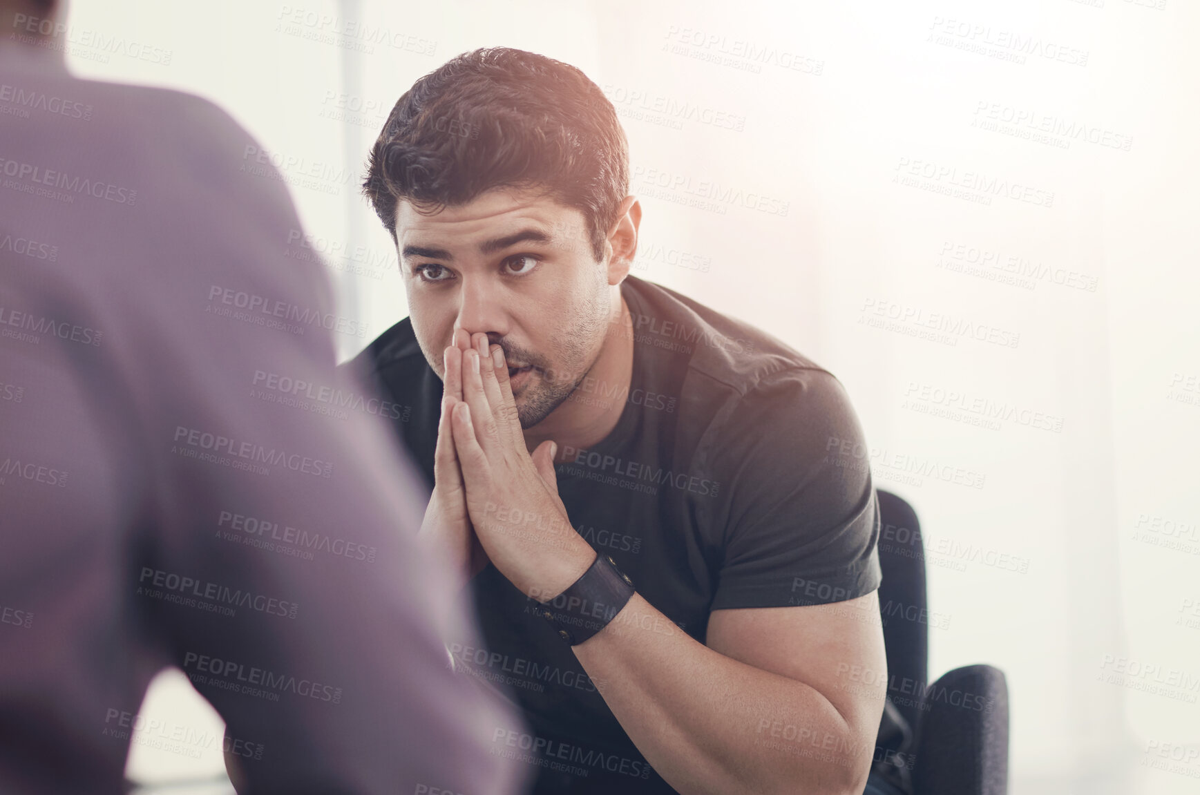 Buy stock photo Bad news, bankruptcy or stress and business man in office with human resources for job loss. Anxiety, financial crisis and unemployment with worried employee at work for economic recession or failure