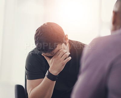 Buy stock photo Bankruptcy, financial crisis or unemployment and business man in office with human resources for job loss. Anxiety, fired and stress with employee in workplace for economic recession or failure