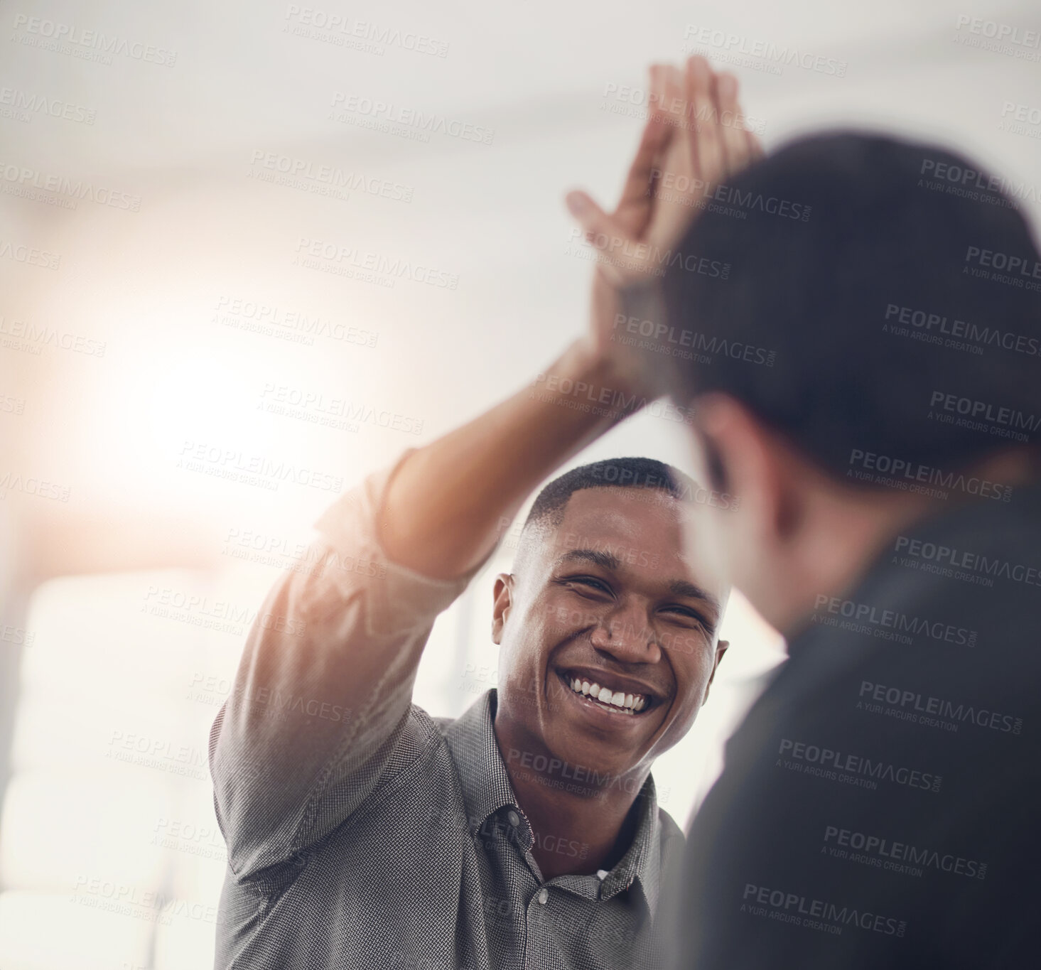 Buy stock photo High five, smile and support with business people in office together for celebration, motivation or success. Bonus, goals or target with man employee friends in workplace for congratulations or deal