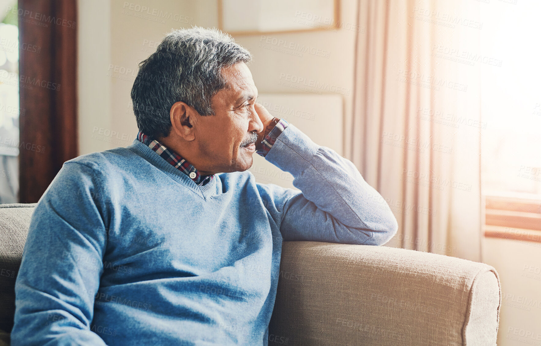 Buy stock photo Thinking, depression and senior man in home to remember past memory, mistake or reflection of decision. Alzheimer, retirement and sad person on sofa with dementia, nostalgia or lonely in living room