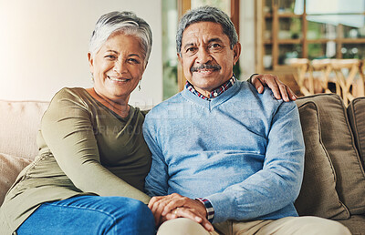 Buy stock photo Happy, portrait and senior couple on sofa for love, wellness and pleased for successful retirement. Elderly man, woman and smile in living room for commitment, comfort and support in marriage at home