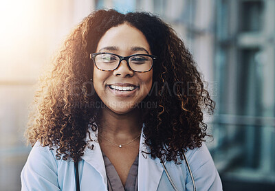 Buy stock photo Portrait, doctor and happy woman in hospital for healthcare career, job and medicine in Brazil. Face, smile and medical professional in glasses, employee and confident worker in clinic for service