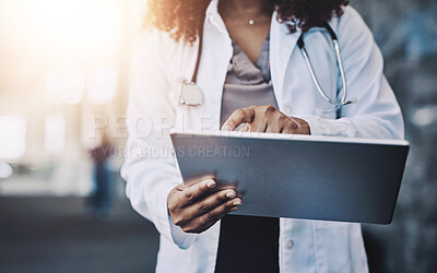 Buy stock photo Woman, doctor and hands with tablet for medical in hospital, electronic reading or healthcare records. Prescription management, ebook technology and professional checkup, research for wellness