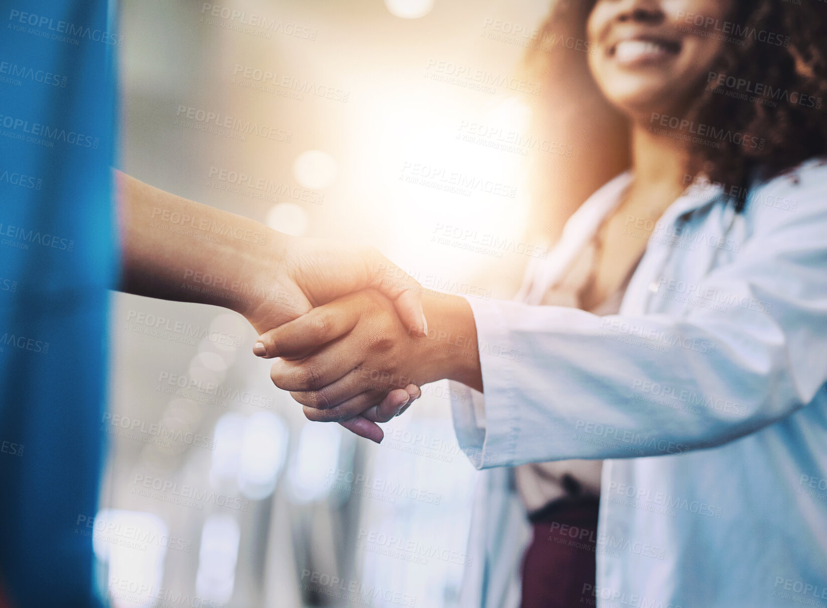 Buy stock photo Team, medical and doctor shaking hands in hospital for partnership with nurse, introduction and onboarding meeting. Woman, healthcare worker and agreement, support and promotion for clinic welcome