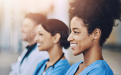 Buy stock photo Healthcare, collaboration and doctors with nurses, medicine and standing together at hospital with trust. Medical, teamwork and happy with people, clinic and specialist for diagnosis and insurance