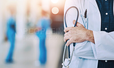 Buy stock photo Healthcare, hand and doctor with stethoscope for care, helping hands and professional in hospital. Cardiologist, crossed arms and man in lobby with equipment, health insurance and mockup space