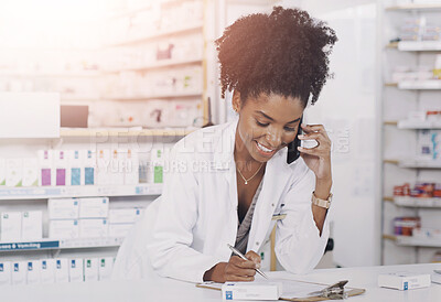 Buy stock photo Happy, woman and pharmacist with phone call in telehealth, medication or prescription at pharmacy. Young African, female person or medical employee with smile on mobile smartphone at dispensary