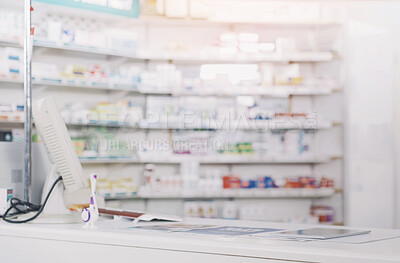 Buy stock photo Medication, pharmacy and desk with shelves in dispensary for prescription healthcare treatment. Medical, chemist and empty pharmaceutical retail drugstore with medicine for stock inventory in clinic.