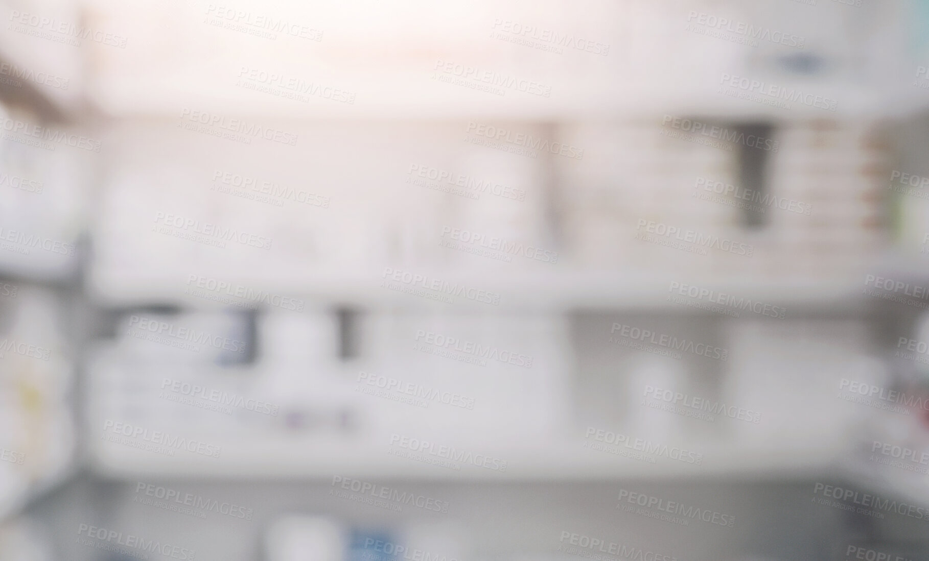 Buy stock photo Empty, pharmacy and shelf with medicine in healthcare for prescription, inventory and chemist drugs. Room, blur and dispensary with medication in storage for treatment, stock and pharmaceuticals