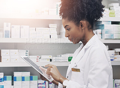 Buy stock photo Pharmacy, woman and tablet with typing, medical and internet with checklist, research and medication. Professional, employee and healthcare with tech, online reading for news and app for schedule