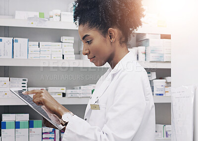 Buy stock photo Pharmacy, woman and tablet with healthcare, typing and internet with checklist, research and medication. Professional, employee and medical with tech, online reading for news and app for schedule