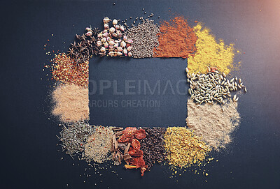 Buy stock photo Collection, spices and seasoning in studio for flavor, aroma and sensory appeal for creativity with culinary. Dark background, condiment and herbs for cultural identity with clove, turmeric or powder