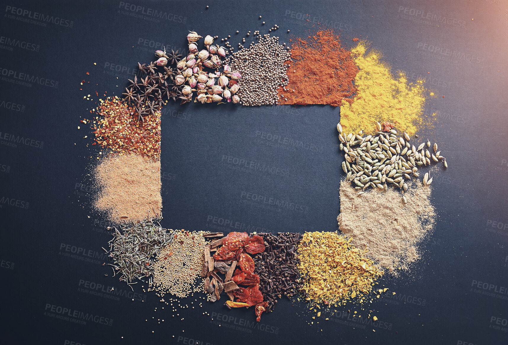 Buy stock photo Collection, spices and seasoning in studio for flavor, aroma and sensory appeal for creativity with culinary. Dark background, condiment and herbs for cultural identity with clove, turmeric or powder