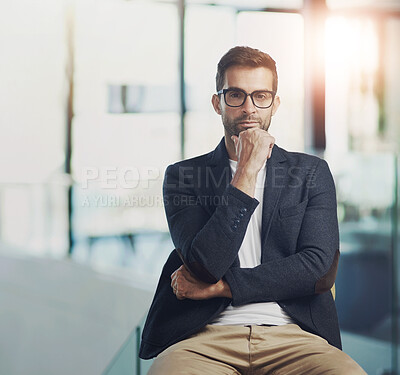 Buy stock photo Businessman, portrait and confident in office on chair for company, thinking or about us with glasses. Financial advisor, idea and professional person at work for growth with experience or knowledge