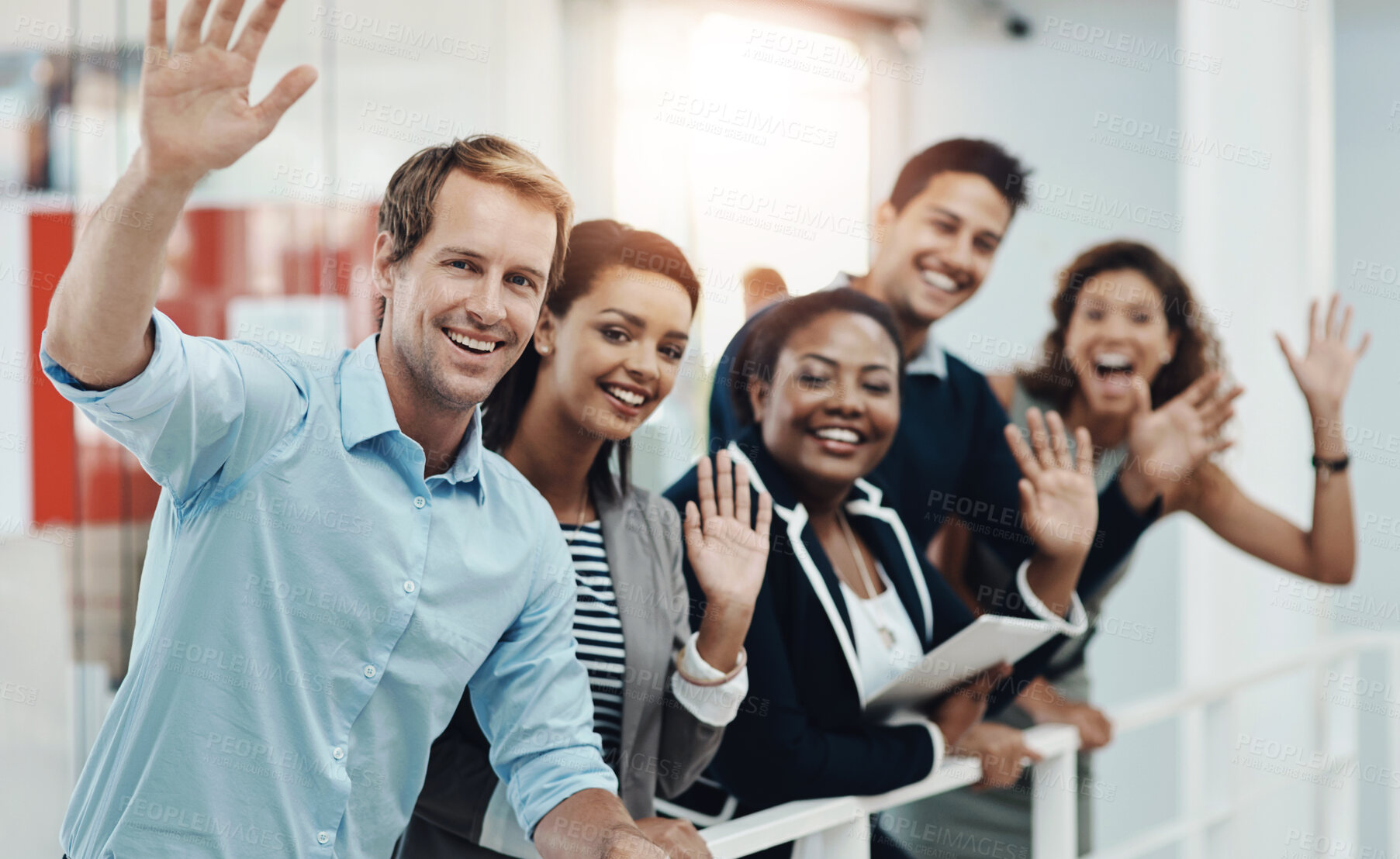 Buy stock photo Happy, business people and hand waving to new employee for welcome, hello and recruitment in office. Smile, corporate group and team building with greeting for trainees, onboarding and collaboration