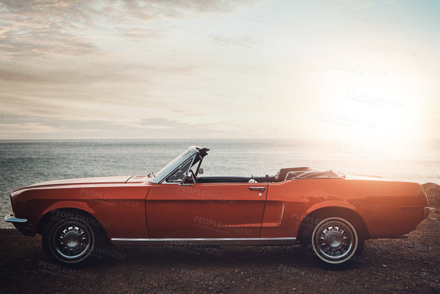 Buy stock photo Vintage, car and sunset at beach for travel with road trip, adventure and journey with mockup space. Empty vehicle, convertible and transport on coast at seaside for ocean sunrise, park and retro