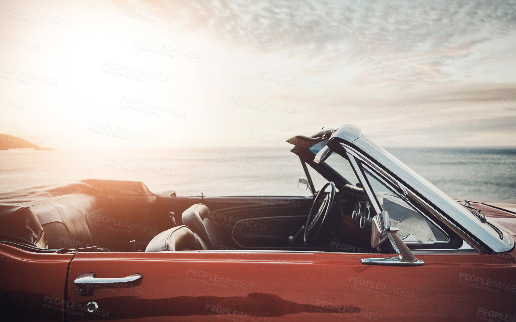 Buy stock photo Vintage, car and sunset at beach for transport with road trip, adventure and journey with mockup space. Empty vehicle, convertible and travel on coast at seaside for ocean sunrise, park and scenery