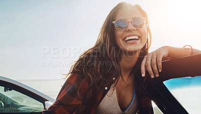 Buy stock photo Happy, road trip and portrait of woman by car for travel on vacation, adventure or weekend getaway. Smile, outdoor and female person by vehicle for watching sunset in summer freedom in Croatia.