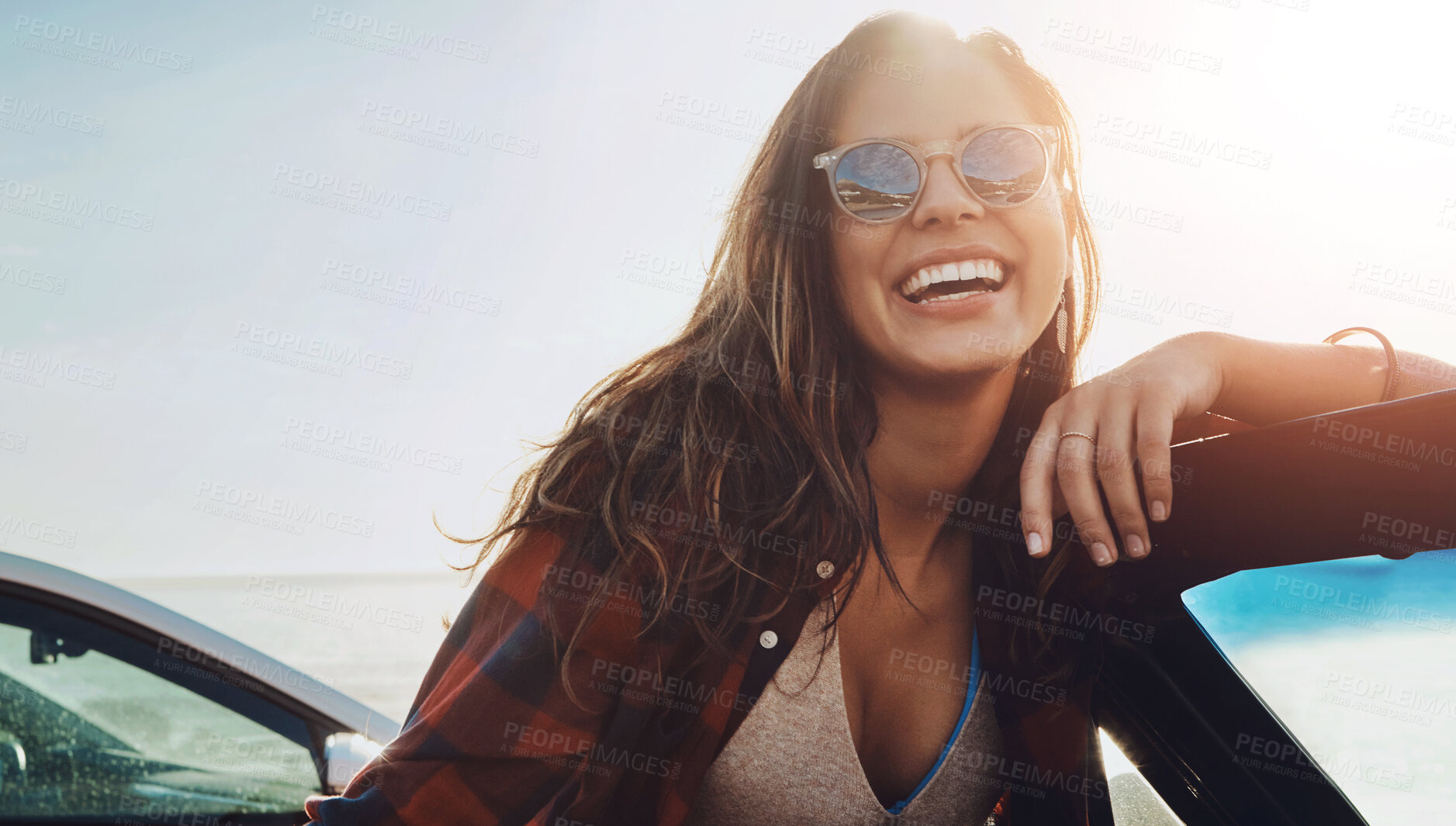 Buy stock photo Happy, road trip and portrait of woman by car for travel on vacation, adventure or weekend getaway. Smile, outdoor and female person by vehicle for watching sunset in summer freedom in Croatia.