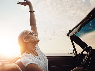 Buy stock photo Travel, road trip and woman in car with smile for adventure, summer vacation or sightseeing. Outdoor, holiday and female person with sunglasses for transportation, destination or explore in Florida