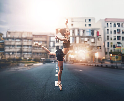 Buy stock photo City, street and woman with ballet in road for performance art, elegance and entertainment. Downtown, buildings and female person with stretching in dance for balance, flexibility and talent in Milan