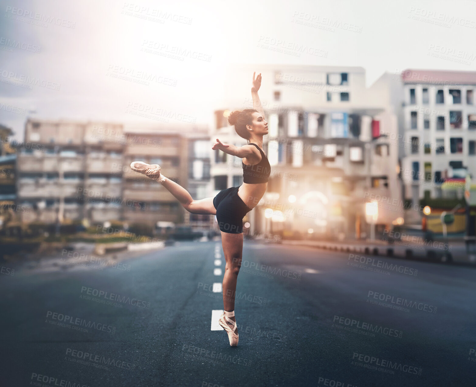 Buy stock photo City, street and woman with ballet in road for performance art, elegance and entertainment. Downtown, buildings and female person with stretching in dance for balance, flexibility and talent in Milan