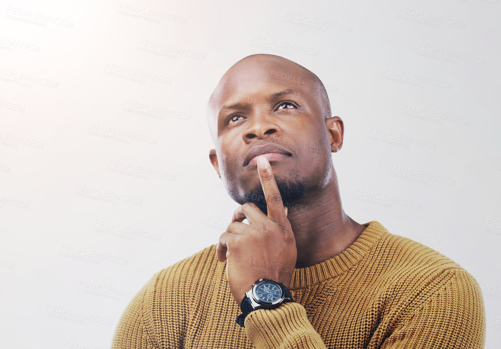 Buy stock photo Black man, thinking and question with choice, decision or pondering in studio on a white background. Young African, male person or model in wonder, thought or contemplating for option, choose or pick