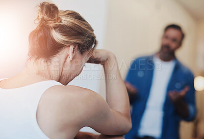 Buy stock photo Woman, couple and conflict in home with fight for disagreement, argument or cheating affair. Stress, people or frustrated for toxic relationship, marriage fail and breakup with dispute and separation