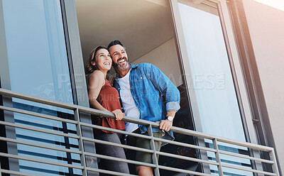 Buy stock photo Relax, smile and couple by balcony of hotel for summer vacation, peace or holiday on anniversary. Happy, man and woman with love at accommodation for hospitality, view or tourism together in Thailand