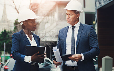 Buy stock photo Engineering, blueprint and business people with tablet in city for project, planning and digital review. Contractor, man and woman with documents by GIS tech for infrastructure, development or update