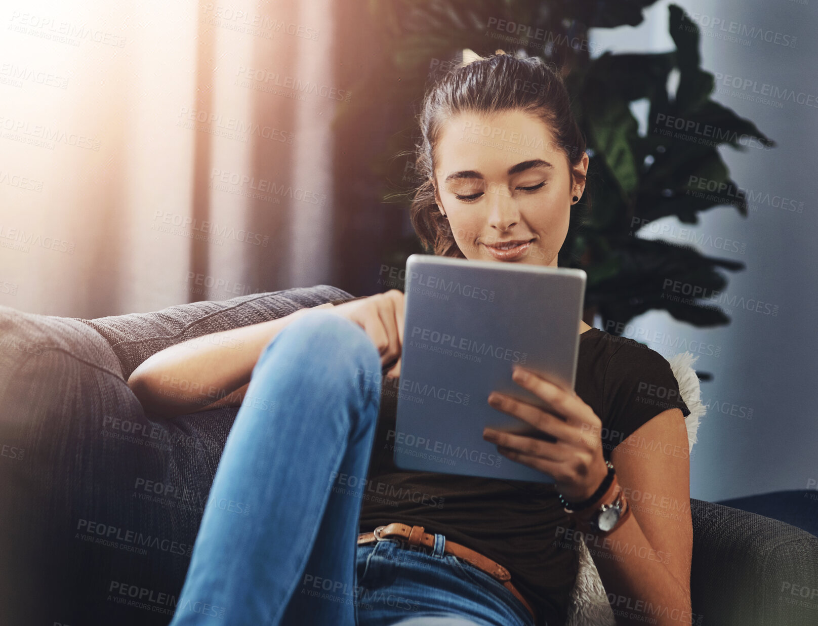 Buy stock photo Relax, smile and woman with tablet on sofa for communication, network and reading ebook on app. Happy, female person and calm with tech for online story, download and digital literature at home