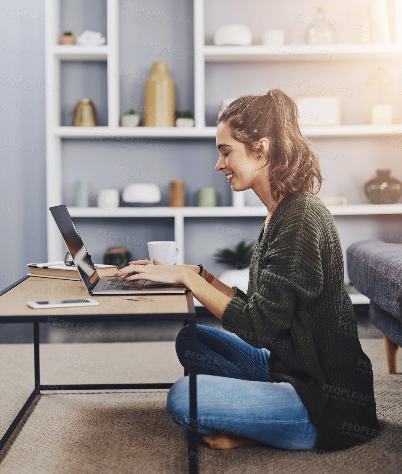 Buy stock photo Typing, floor and woman with laptop at table for studying, assignment or literature essay in living room. Online, college student and person with computer for education, knowledge or learning in home