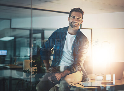 Buy stock photo Smile, night and portrait of man in office for working overtime on company cybersecurity firewall. Happy, career and male it technician from Canada with deadline for system support development.