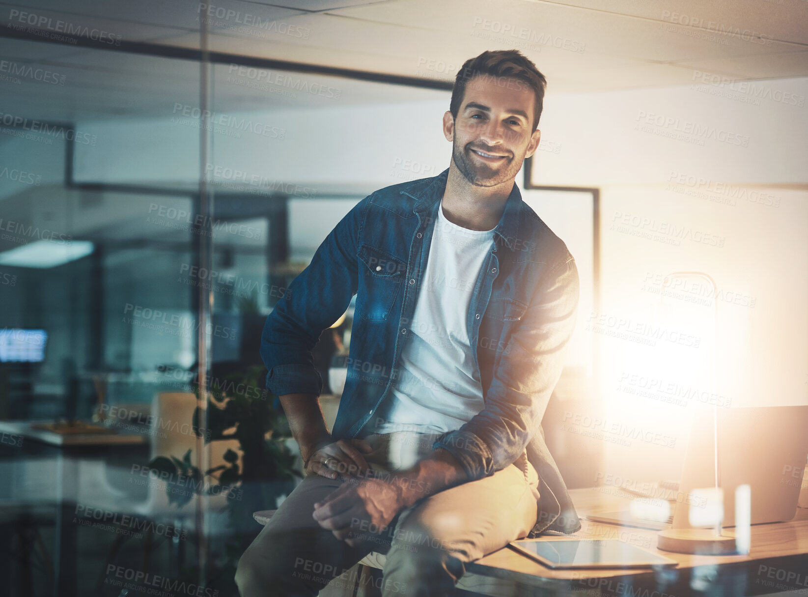 Buy stock photo Smile, night and portrait of man in office for working overtime on company cybersecurity firewall. Happy, career and male it technician from Canada with deadline for system support development.