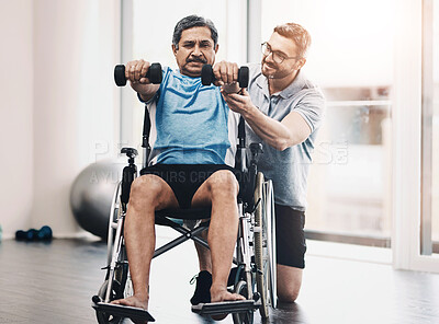 Buy stock photo Weights, physiotherapy and man with patient in wheelchair for wellness, medical service and consulting. Healthcare, physical therapy and chiropractor with person with disability for rehabilitation