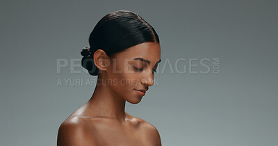 Happy woman, face and relax in skincare, natural beauty or cosmetics against a grey studio background. Portrait of female person or model smile in happiness for facial spa or skin treatment on mockup