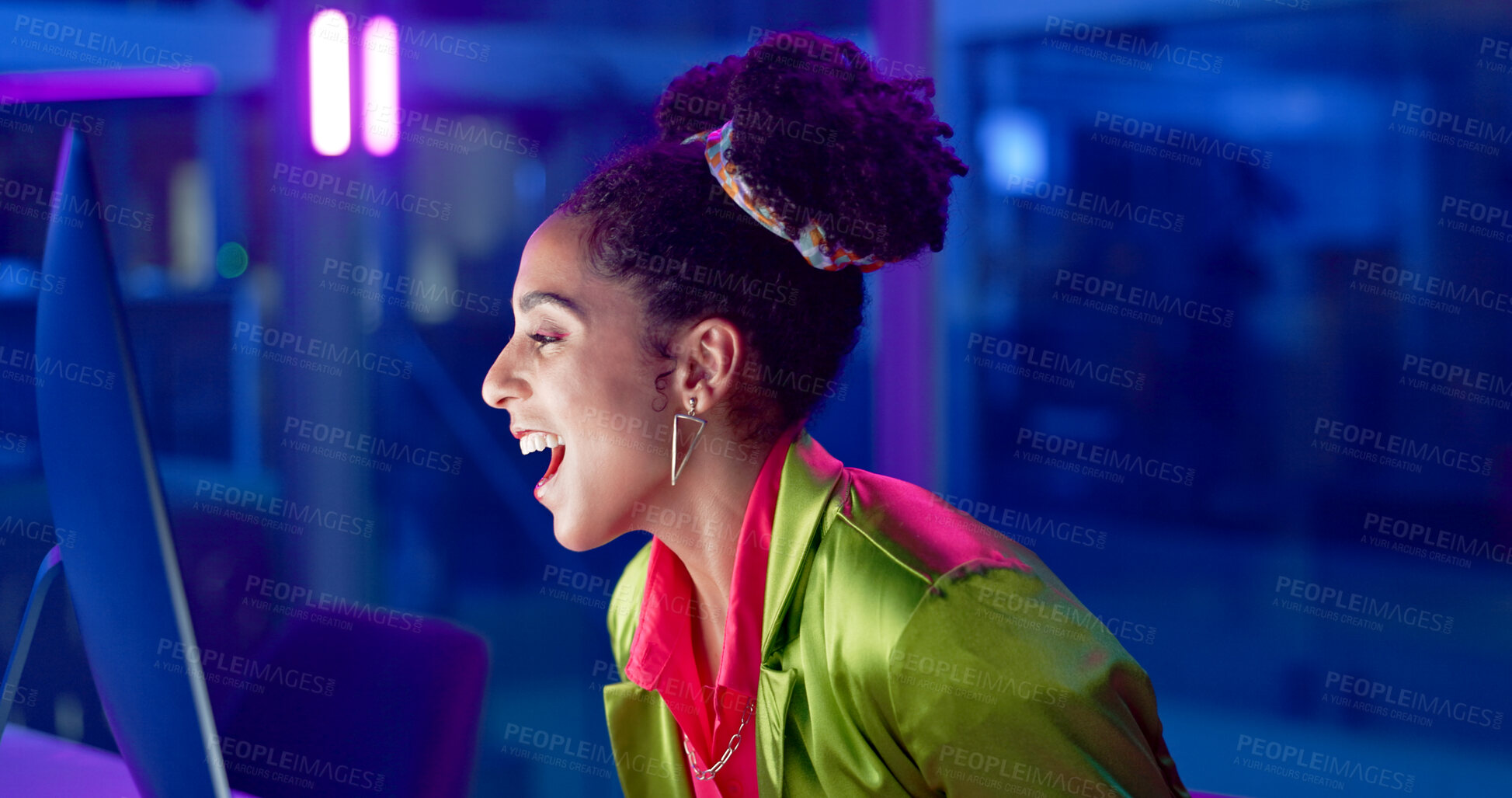 Buy stock photo Businesswoman, night and online win on computer, promotion and salary increase or bonus in office. Female person, celebration and lottery success or dancing, neon light and competition giveaway