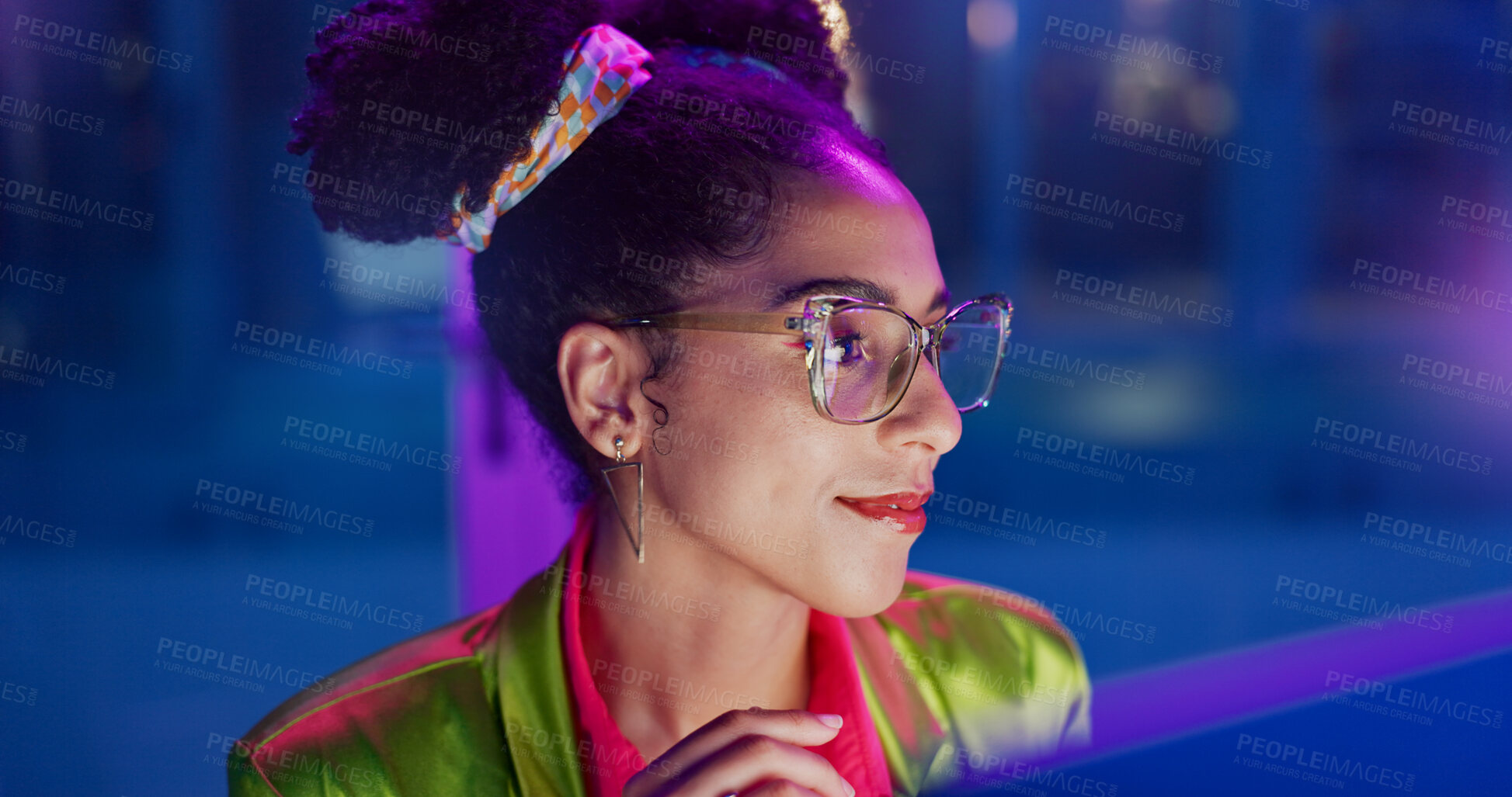 Buy stock photo Fashion, typing and woman in office for creative job in company, smile and happiness with glasses. Female person, happy and technology for business as designer, entrepreneur and workplace for girl