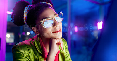 Buy stock photo Fashion, typing and woman in office for creative job in company, smile and happiness with glasses. Female person, happy and technology for business as designer, entrepreneur and workplace for girl