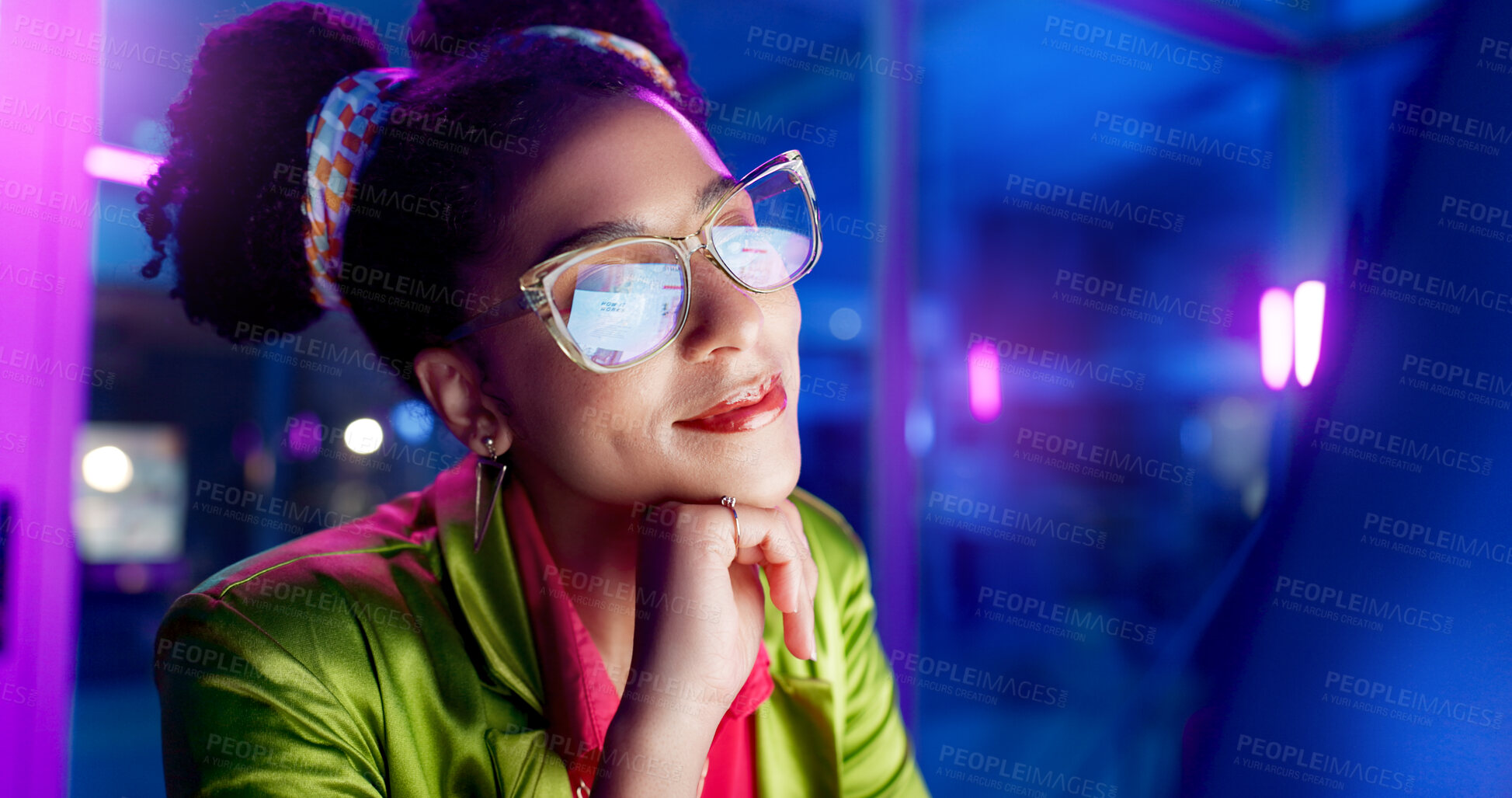 Buy stock photo Fashion, typing and woman in office for creative job in company, smile and happiness with glasses. Female person, happy and technology for business as designer, entrepreneur and workplace for girl