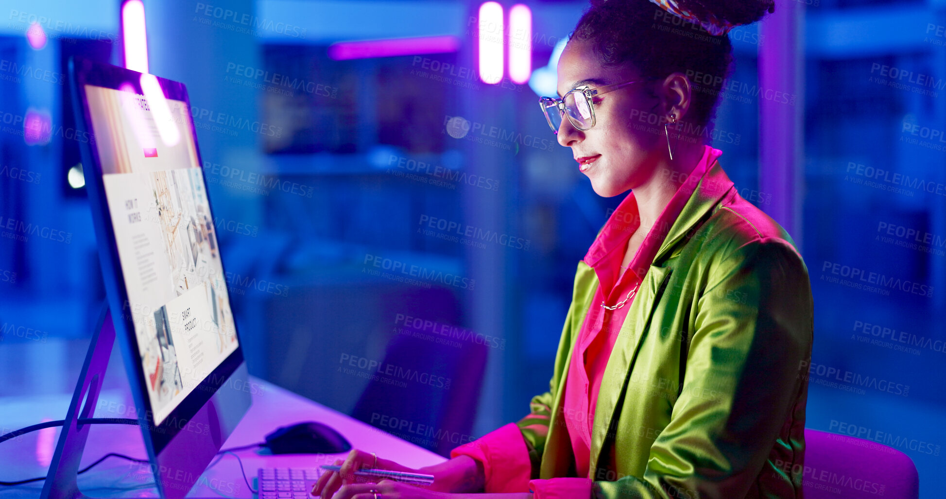 Buy stock photo Fashion, typing and woman in office for creative job in company, smile and happiness with glasses. Female person, happy and technology for business as designer, entrepreneur and workplace for girl